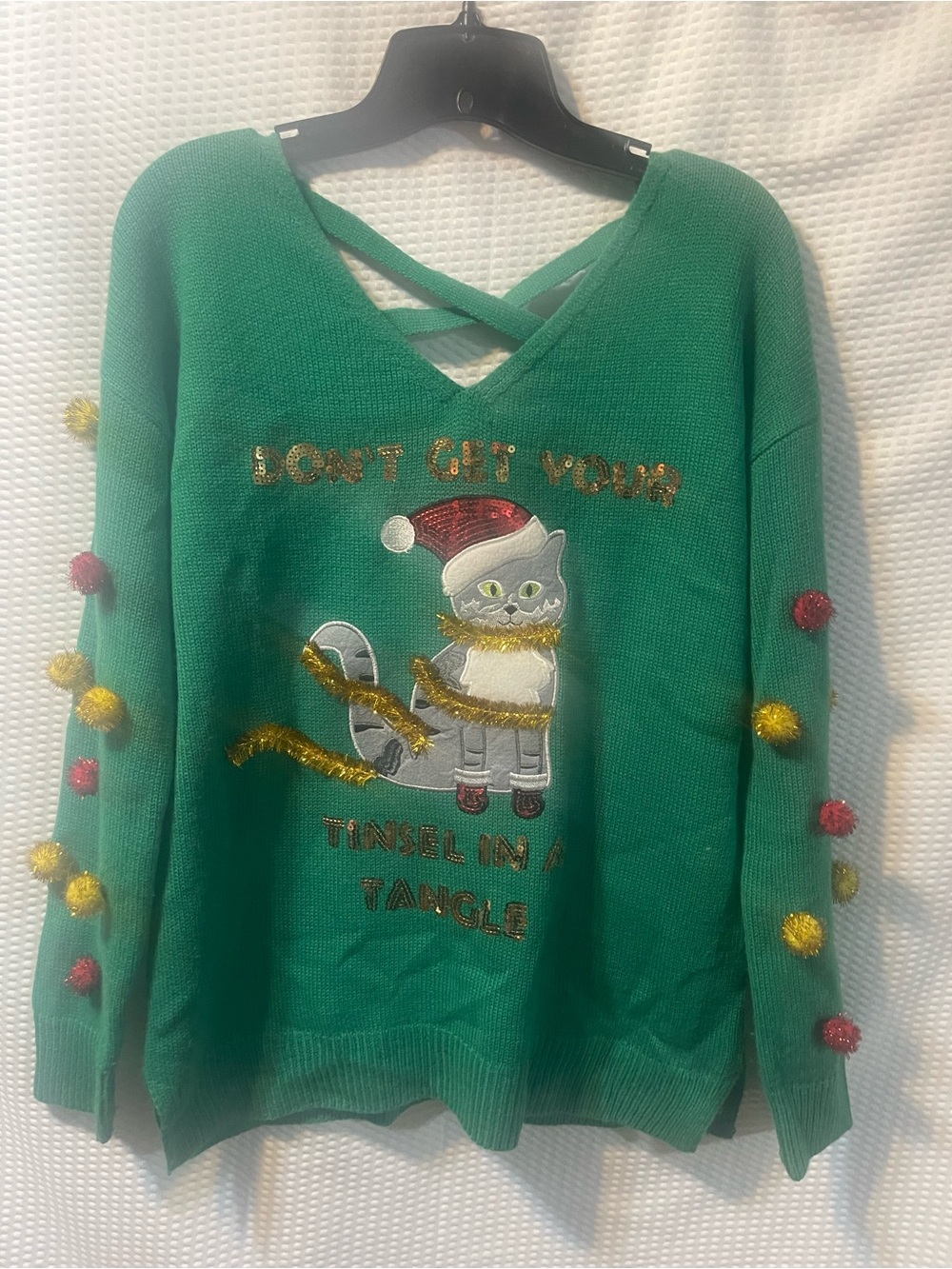 Francesca’s Christmas Cat Ugly Sweater Women’s Small Green Sequin Pom Pom